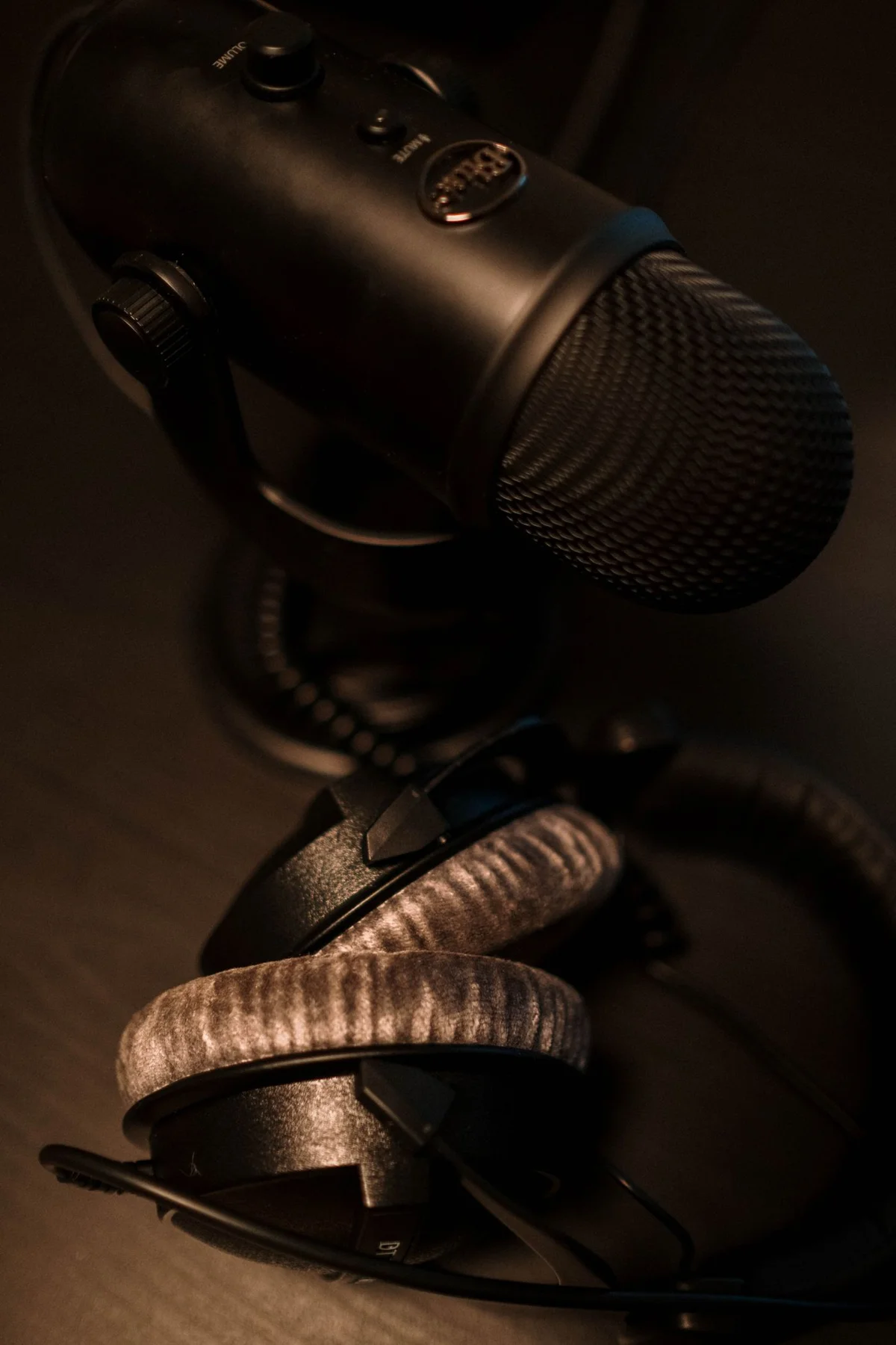 Microphone and headphones on a table