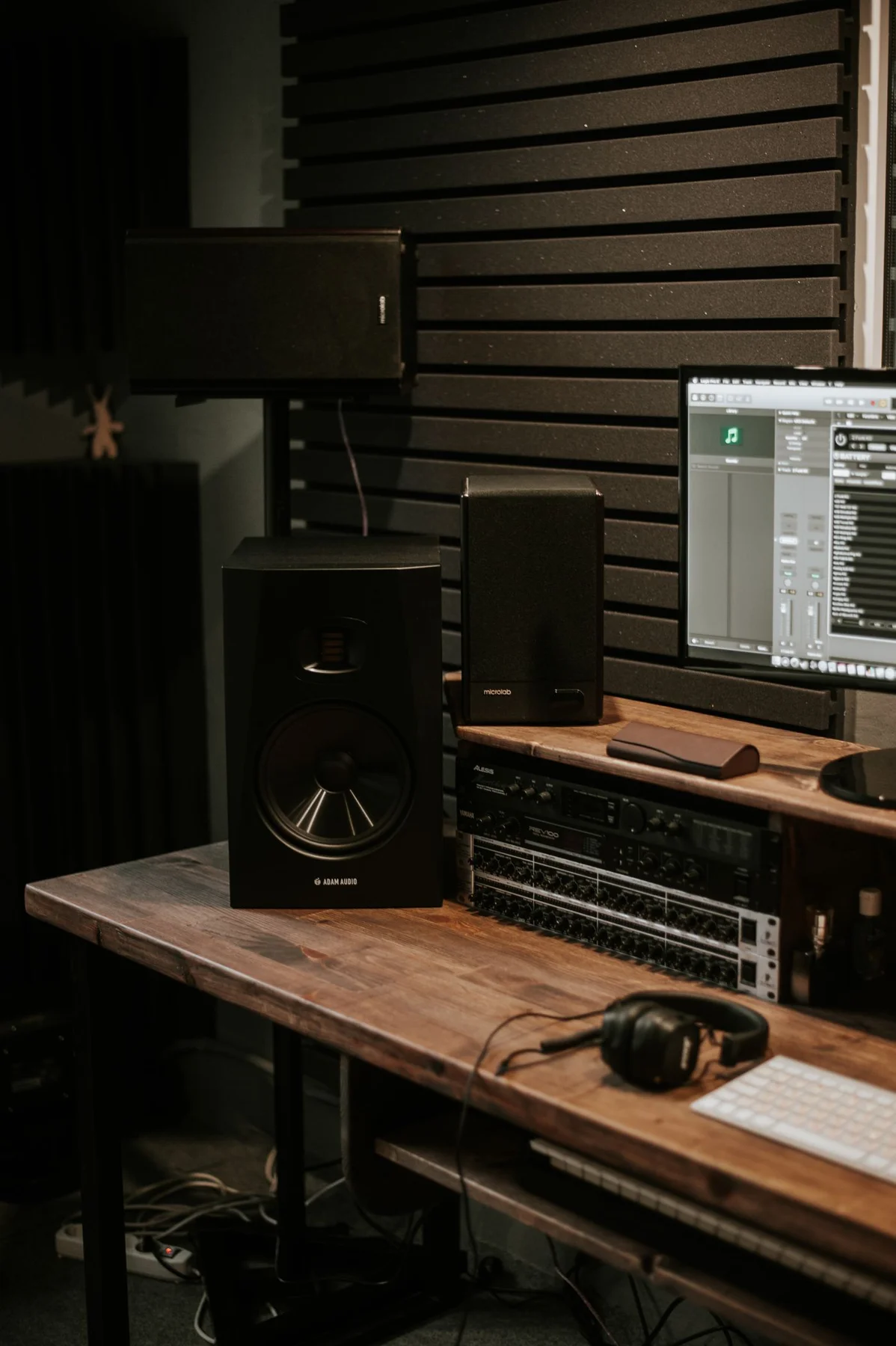 Speakers beside a computer